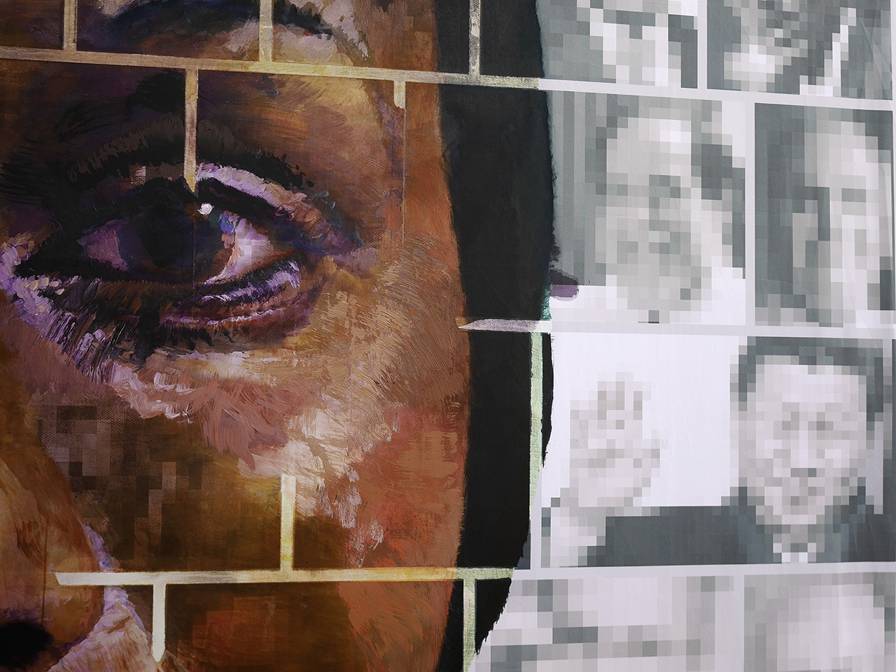 Où aller? Going where? Young woman. Detail 2. Acrylic paint on print 250 x 350cm. For Yango Biennale 2014. Congo Kinshasa
